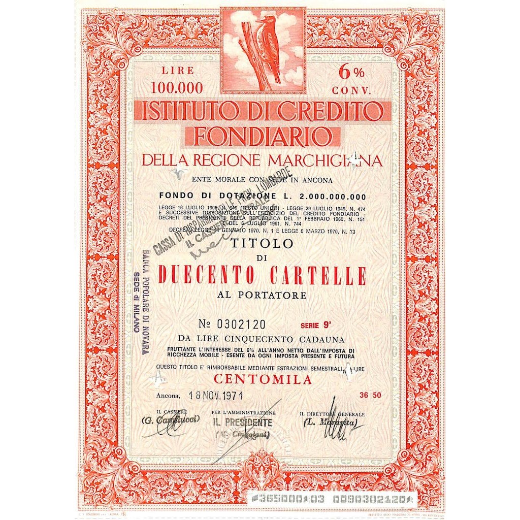 ISTIT. DI CREDITO FOND. DELLA REG. MARCHIGIANA 200 CARTELLE. 6% 1971
