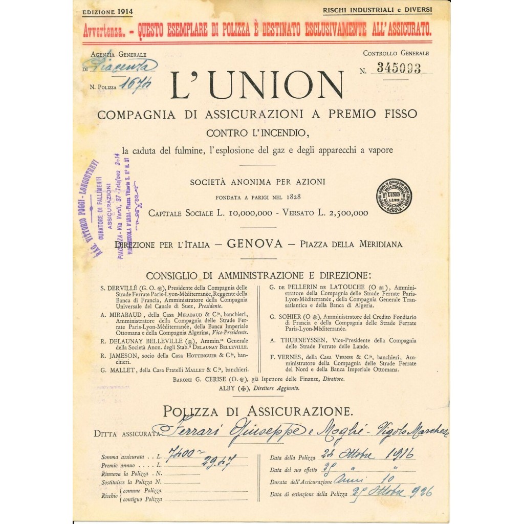 1916 - L' UNION - INCENDIO - PIACENZA