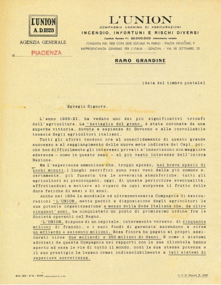 1920 - L' UNION - GRANDINE - PIACENZA