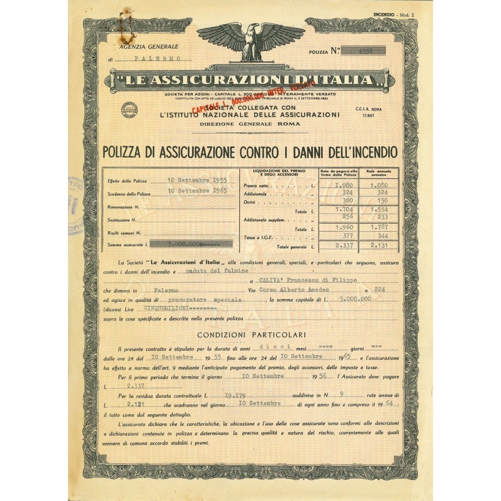 1955 - LE ASSICURAZIONI D'ITALIA - INCENDIO -...