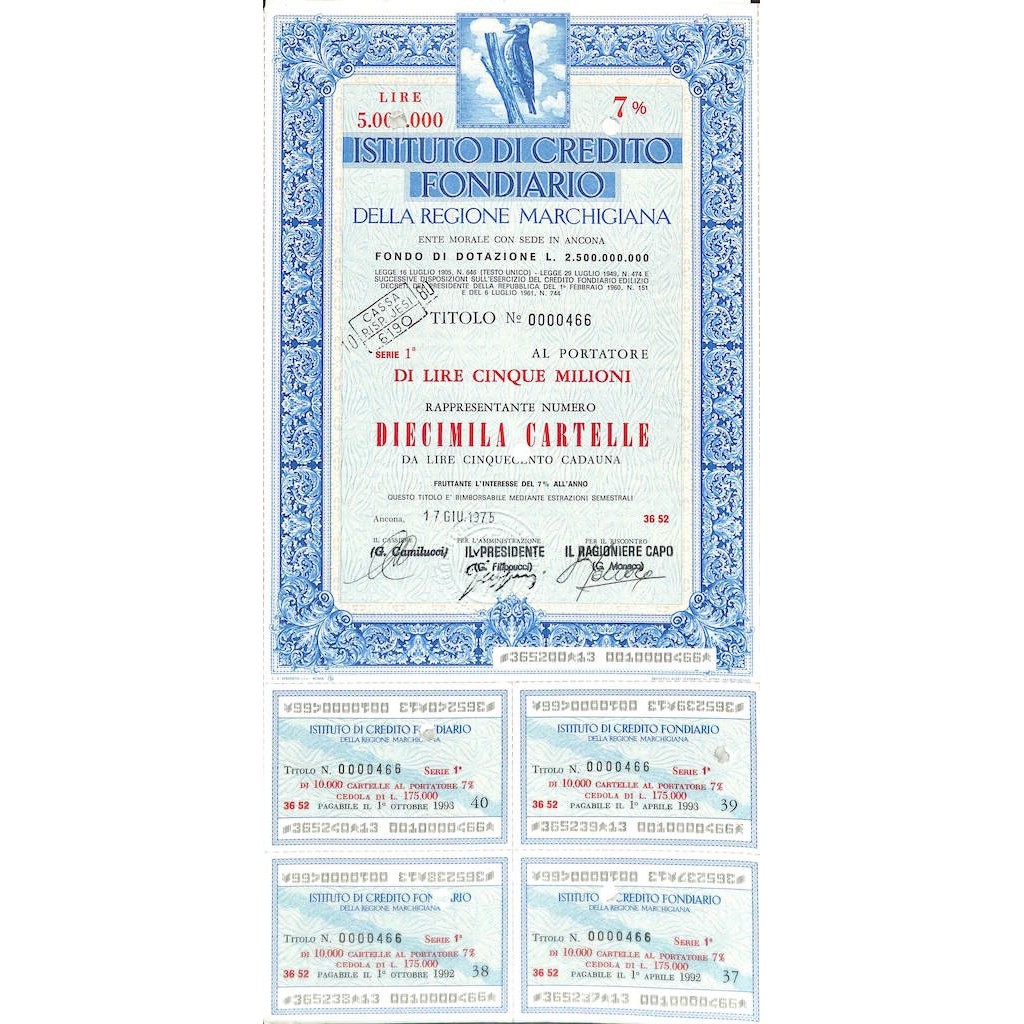 ISTIT. DI CREDITO FOND. DELLA REG. MARCHIGIANA 10000 CARTELLE. 7% 1975