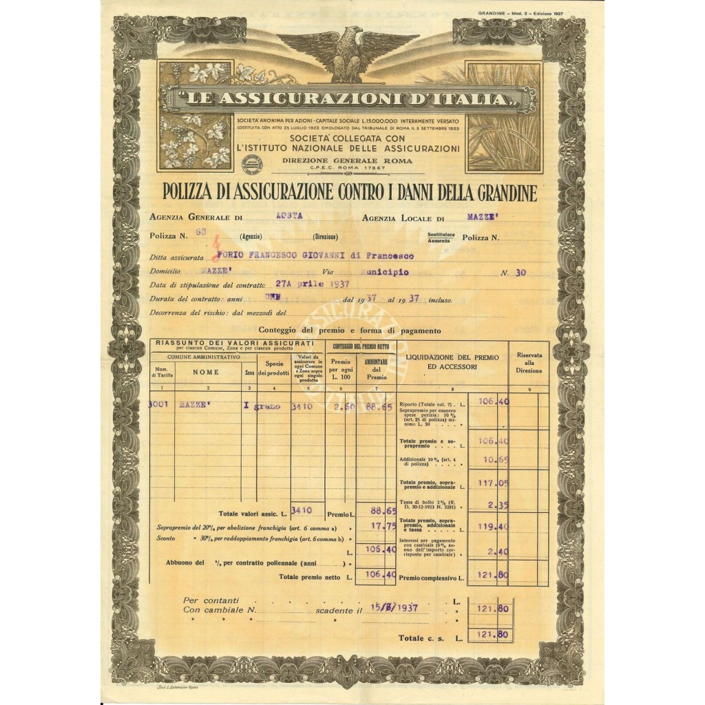 1937 - LE ASSICURAZIONI D'ITALIA - GRANDINE -...