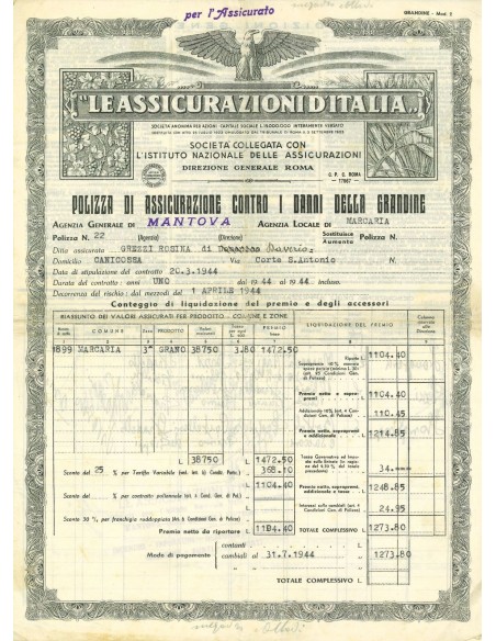 1944 - LE ASSICURAZIONI D'ITALIA - GRANDINE - MANTOVA