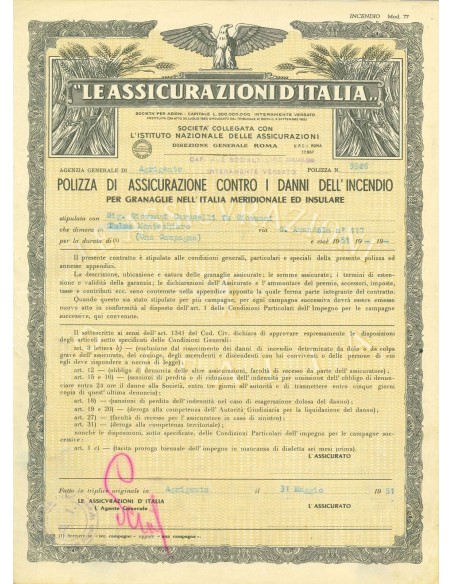 1951 - LE ASSICURAZIONI D'ITALIA - INCENDIO - AGRIGENTO