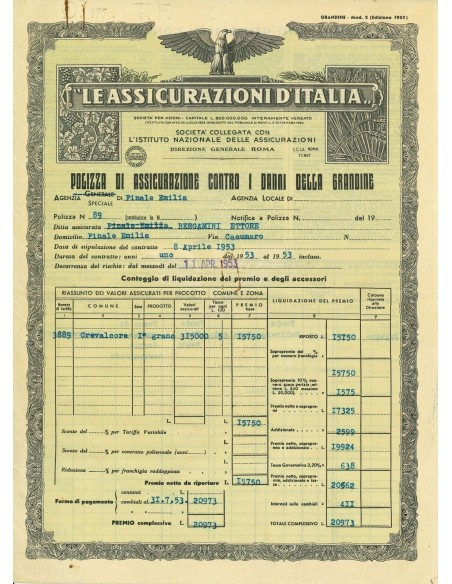 1953 - LE ASSICURAZIONI D'ITALIA - GRANDINE - FINALE EMILIA
