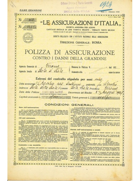 1929 - LE ASSICURAZIONI D'ITALIA - GRANDINE - VERONA