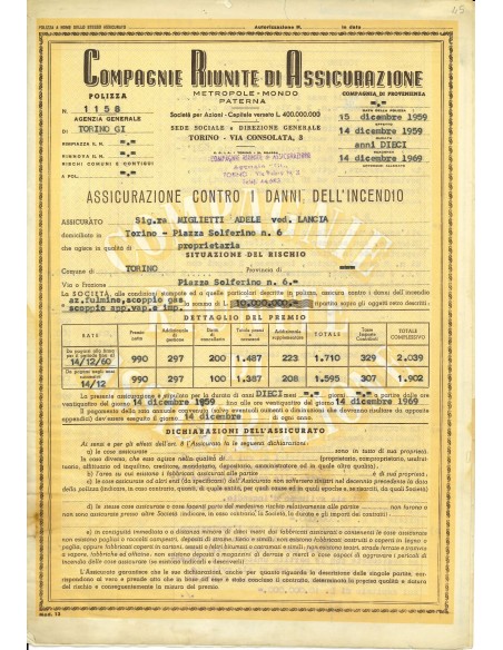1959 - COMPAGNIE RIUNITE DI ASSICURAZIONE - INCENDIO - TORINO
