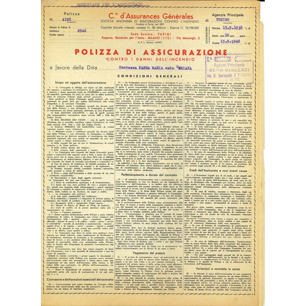 1938 - COMPAGNIA D'ASSURANCES GENERALES -...