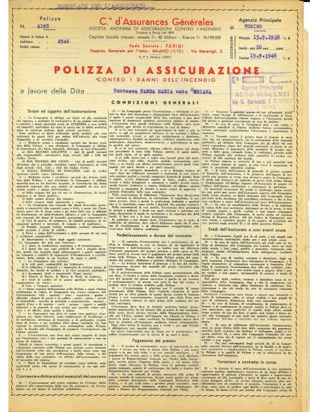 1938 - COMPAGNIA D'ASSURANCES GENERALES - INCENDIO - TORINO
