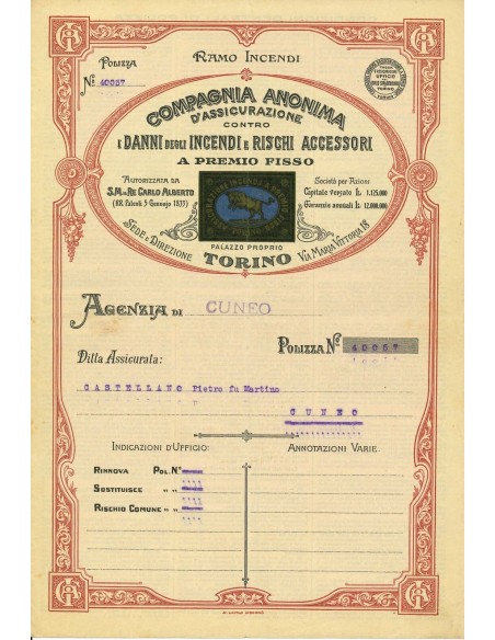 1924 - COMP. ANONIMA D'ASSICURAZIONE CONTRO I DANNI DEGLI INCENDI E RISCHI ACCESSORI - INCENDIO - CUNEO
