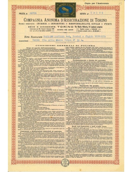 1929 - COMPAGNIA ANONIMA D'ASSICURAZIONE DI TORINO - UDINE