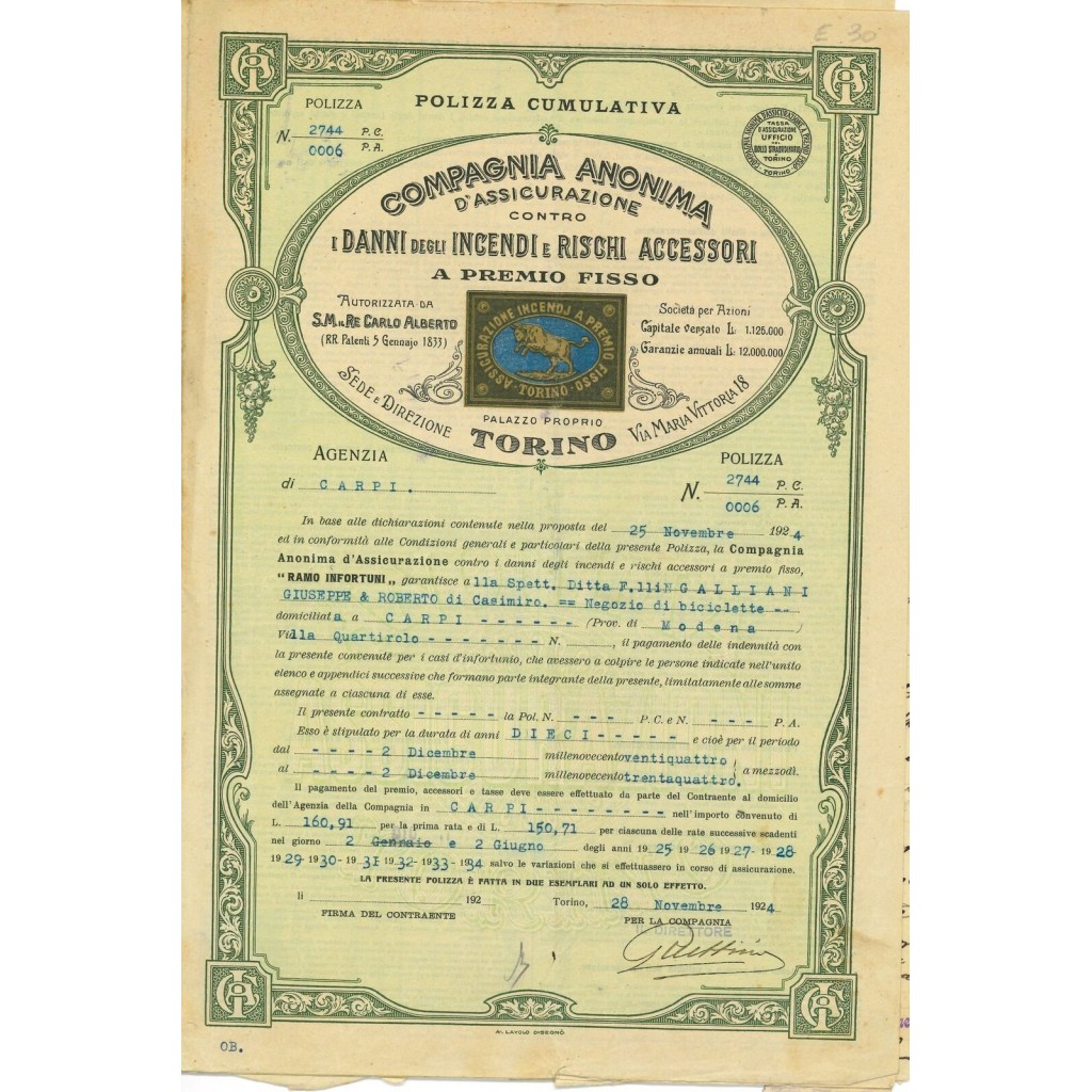 1924 - COMP. ANONIMA D'ASSICURAZIONE CONTRO I...