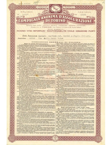 1930 - COMPAGNIA ANONIMA D'ASSICURAZIONE DI TORINO - UDINE