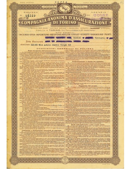 1938 - COMPAGNIA ANONIMA D'ASSICURAZIONE DI TORINO - UDINE