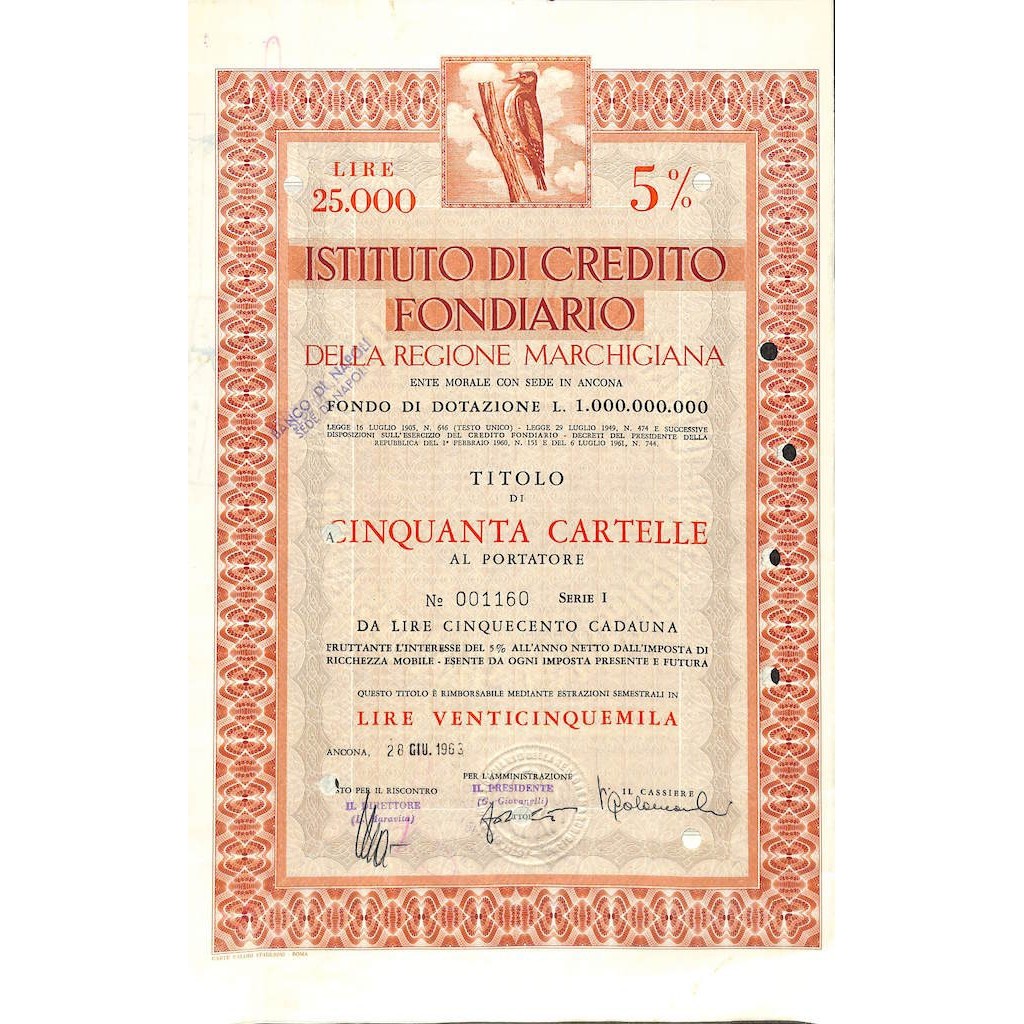 ISTIT. DI CREDITO FOND. DELLA REG. MARCHIGIANA 50 CARTELLE 5% 1963