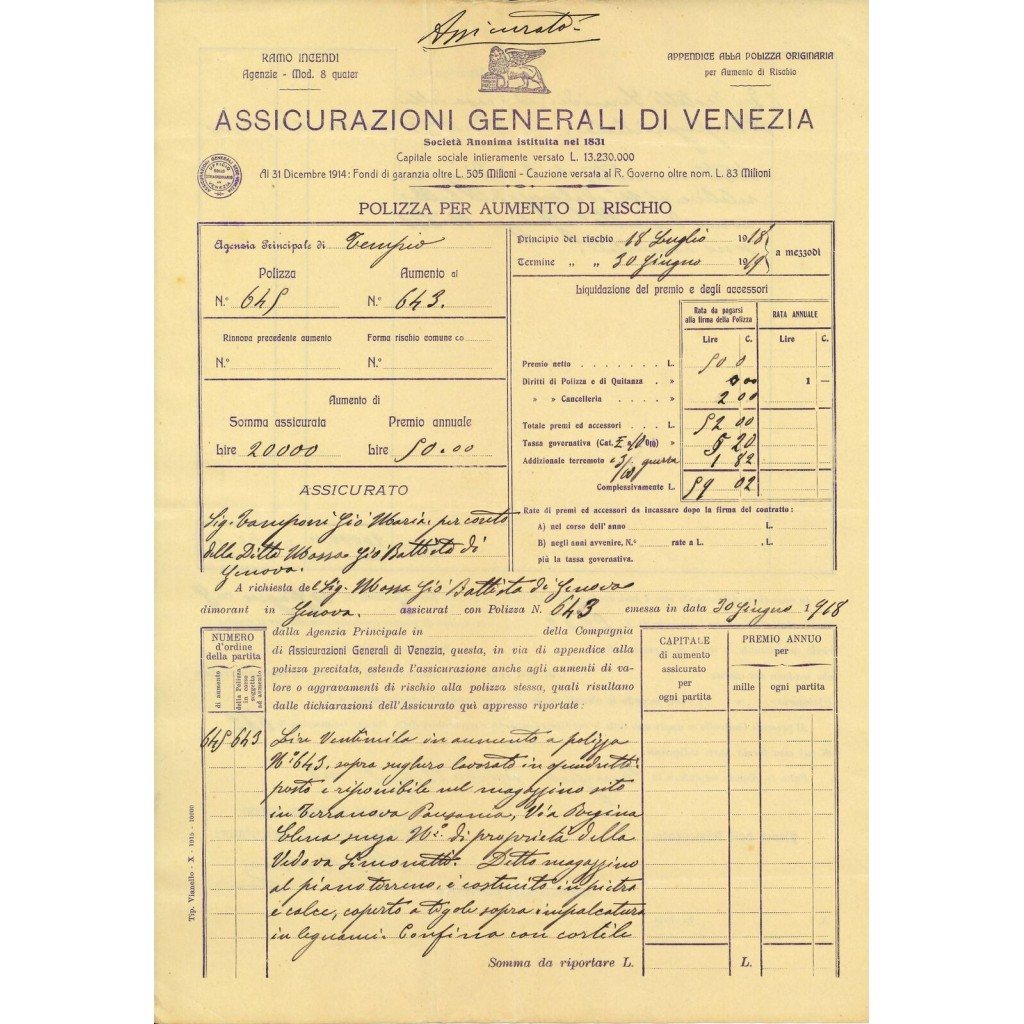 1918 - ASSICURAZIONI GENERALI DI VENEZIA -...