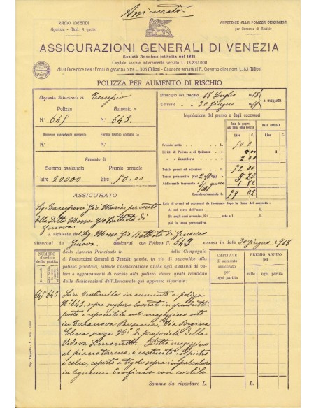 1918 - ASSICURAZIONI GENERALI DI VENEZIA - INCENDIO - TEMPIO