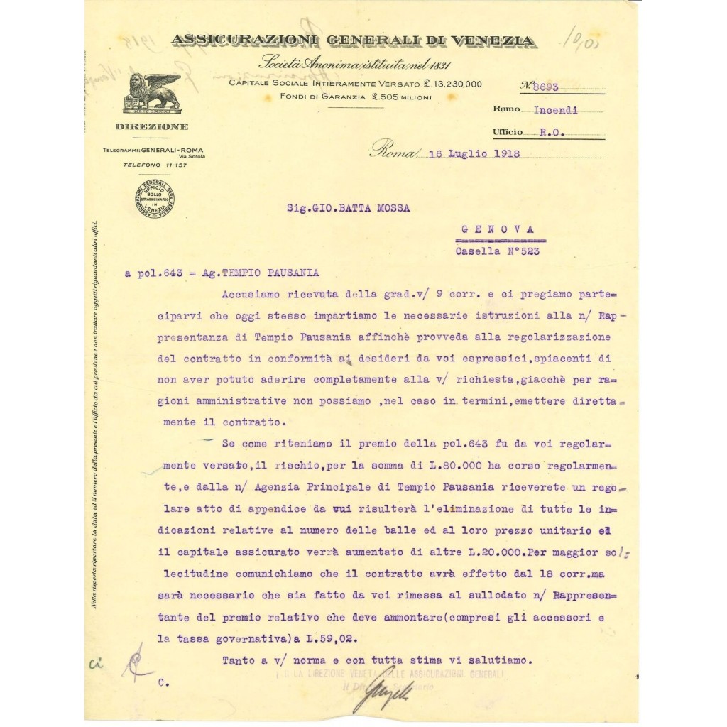 1918 - ASSICURAZIONI GENERALI DI VENEZIA -...