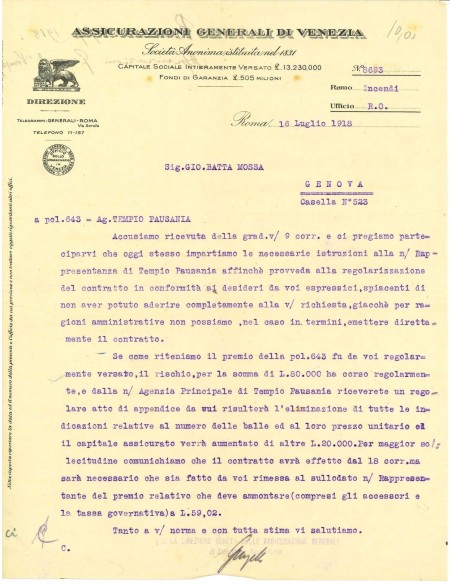1918 - ASSICURAZIONI GENERALI DI VENEZIA - INCENDIO - GENOVA
