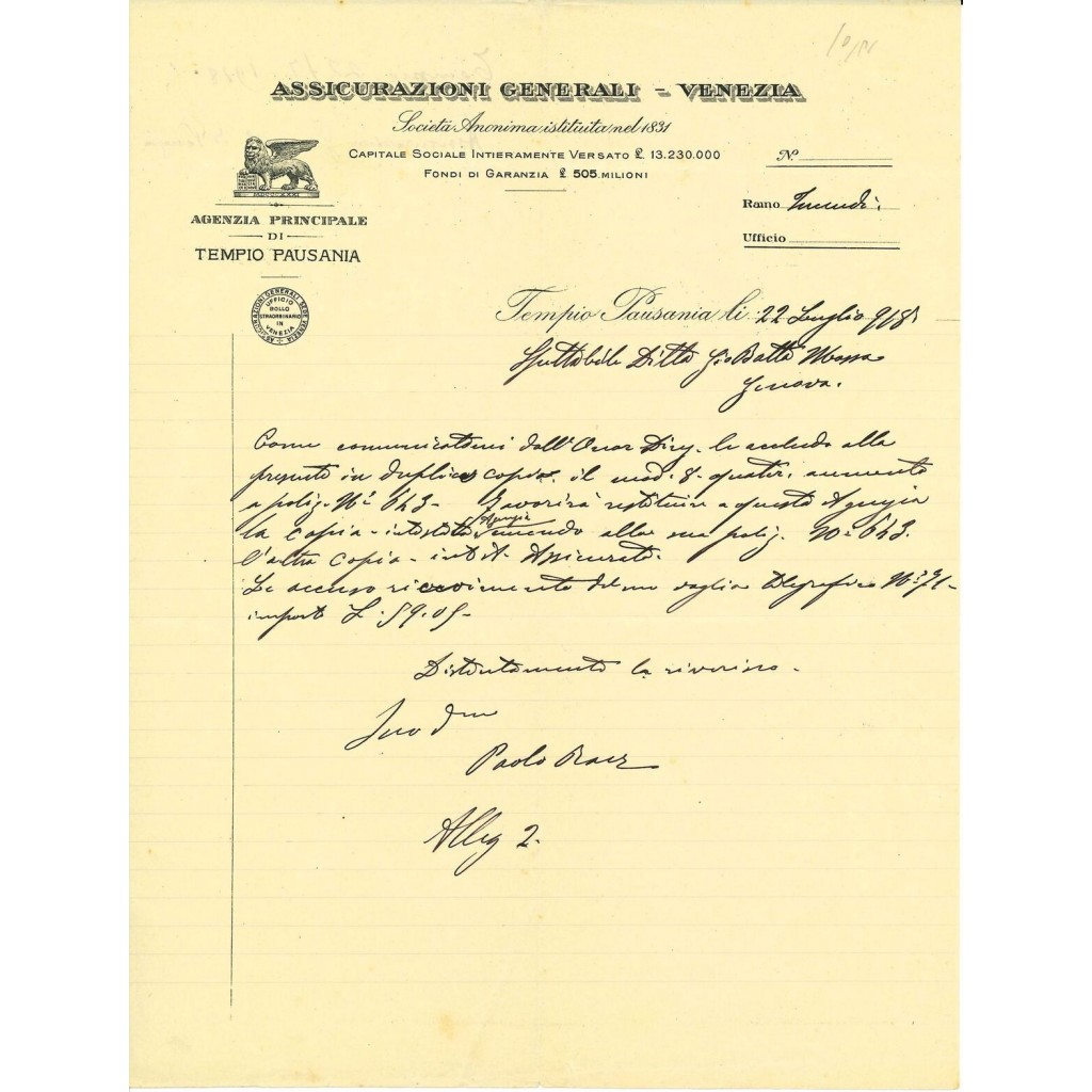 1918 - ASSICURAZIONI GENERALI DI VENEZIA -...