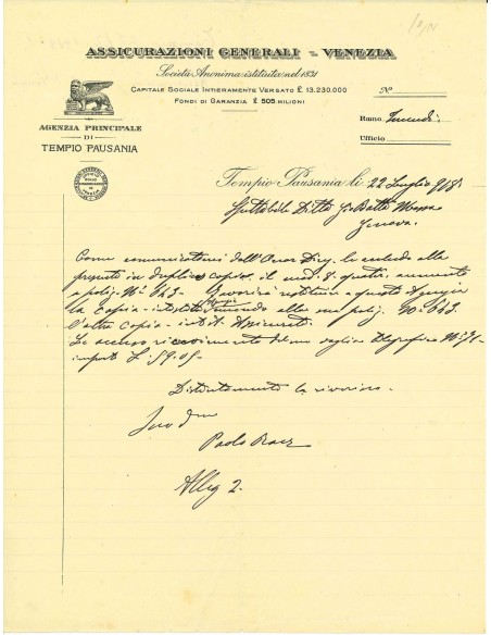 1918 - ASSICURAZIONI GENERALI DI VENEZIA - INCENDIO - TEMPIO PAUSANIA