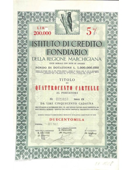 ISTIT. DI CREDITO FOND. DELLA REG. MARCHIGIANA 400 CARTELLE 5% 1967