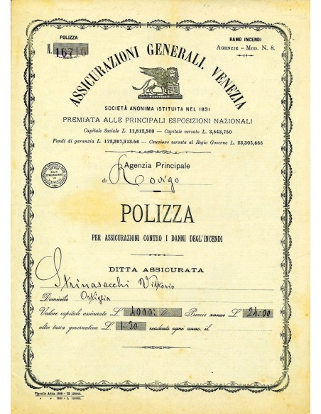 1900 - ASSICURAZIONI GENERALI DI VENEZIA - INCENDIO - ROVIGO