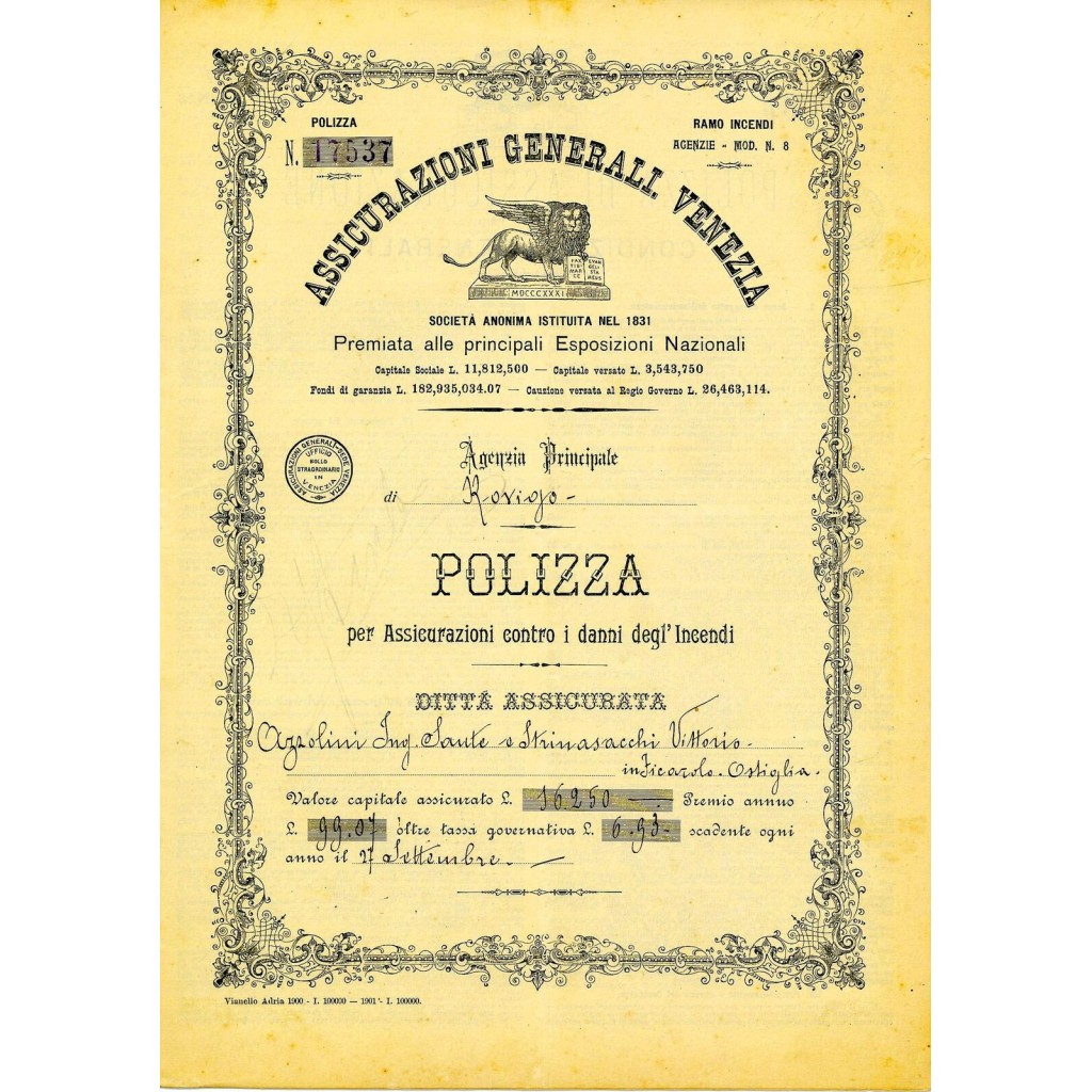 1901 - ASSICURAZIONI GENERALI DI VENEZIA -...