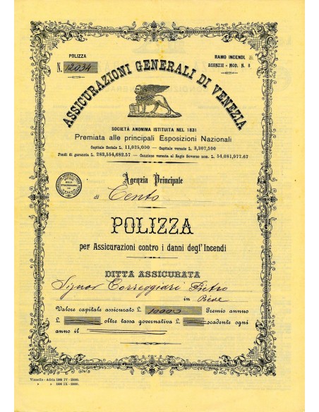 1906 - ASSICURAZIONI GENERALI DI VENEZIA - INCENDIO - CENTO