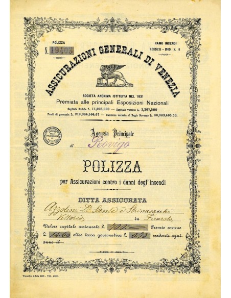 1903 - ASSICURAZIONI GENERALI DI VENEZIA - INCENDIO - ROVIGO