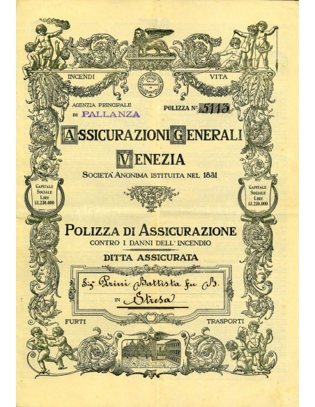 1916 - ASSICURAZIONI GENERALI DI VENEZIA - INCENDIO - PALLANZA