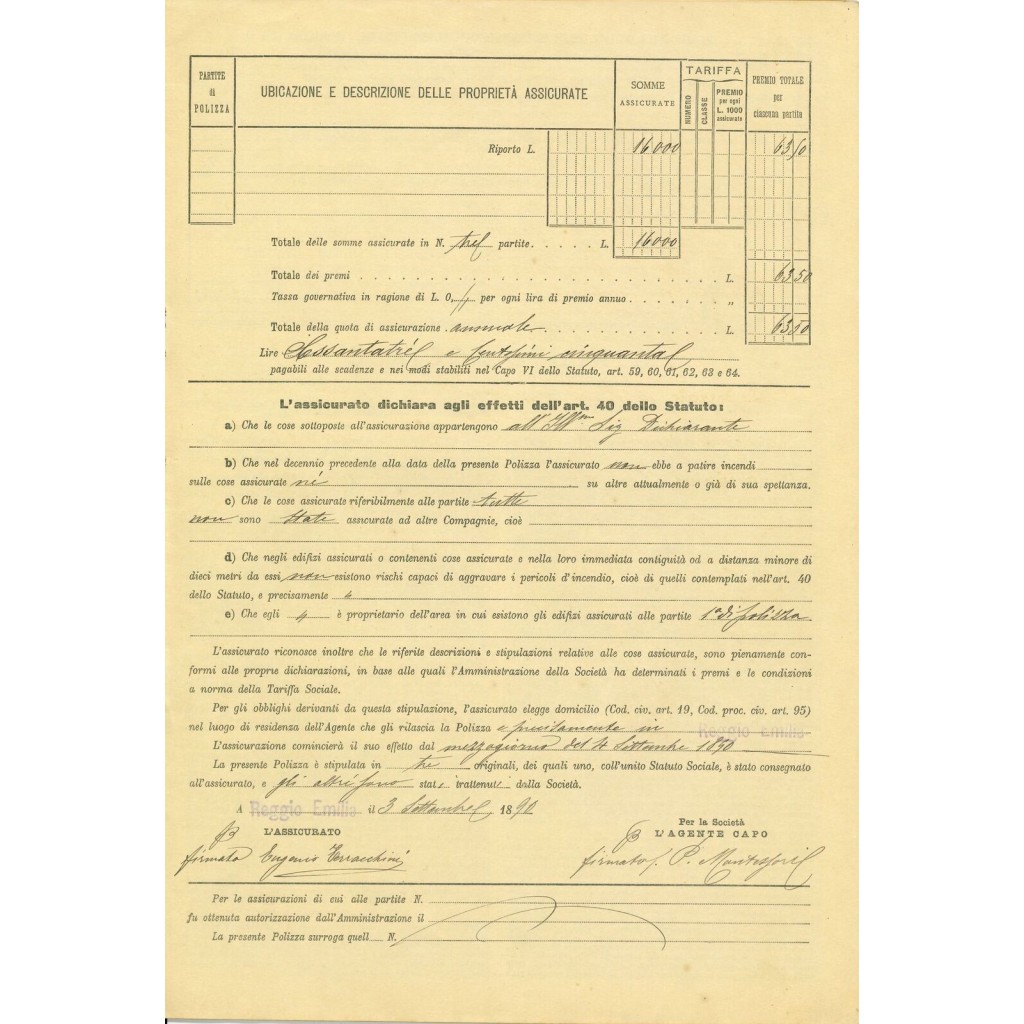 1890 - SOCIETA' REALE - INCENDIO - REGGIO EMILIA