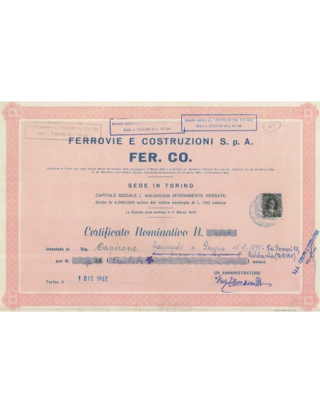 FERROVIE E COSTRUZIONI S.p.A. FER.CO. AZIONI TORINO 1962