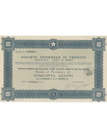 SOC. GENERALE DI CREDITO ANONIMA SEDE IN ROMA 50 AZIONI ROMA 1919