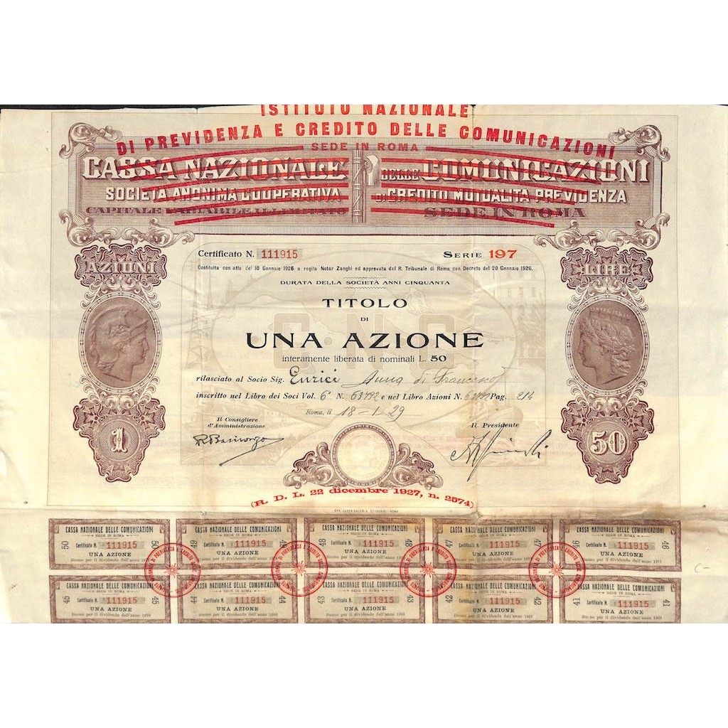 ISTITUTO NAZ. DI PREVIDENZA E CREDITO DELLE TELECOM. 1 AZIONE ROMA 1929