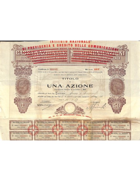 ISTITUTO NAZ. DI PREVIDENZA E CREDITO DELLE TELECOM. 1 AZIONE ROMA 1929