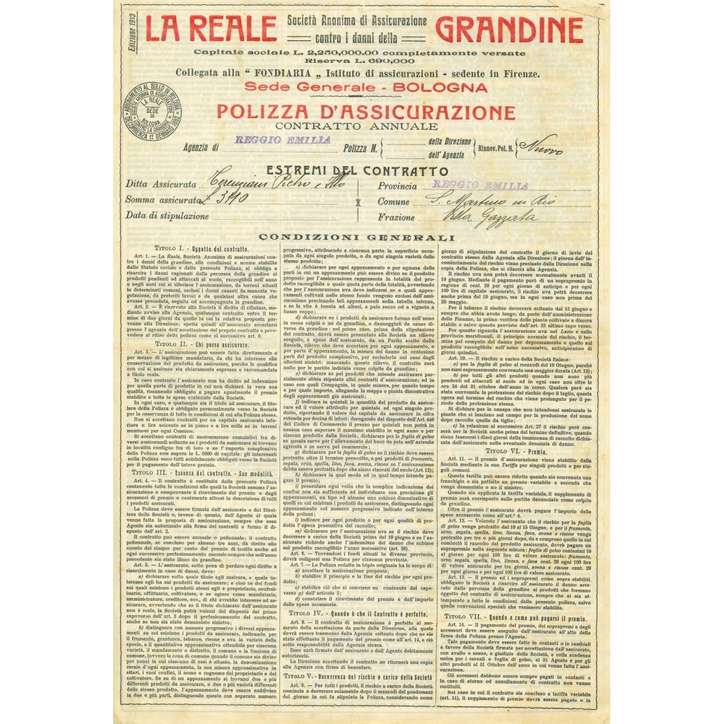 1913 - LA REALE - GRANDINE - REGGIO EMILIA