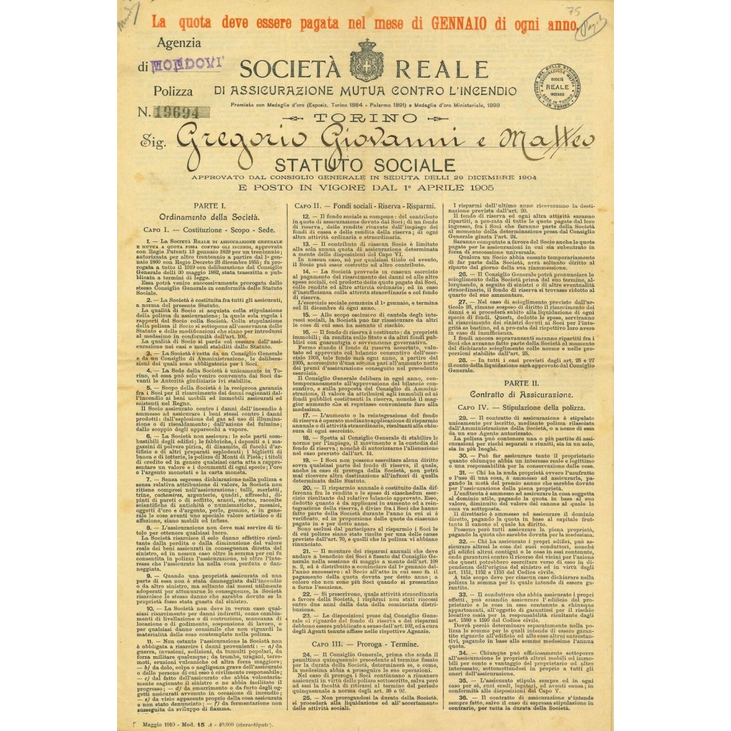1912 - SOCIETA' REALE - INCENDIO - MONDOVI'