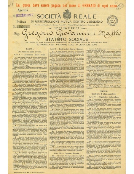 1912 - SOCIETA' REALE - INCENDIO - MONDOVI'