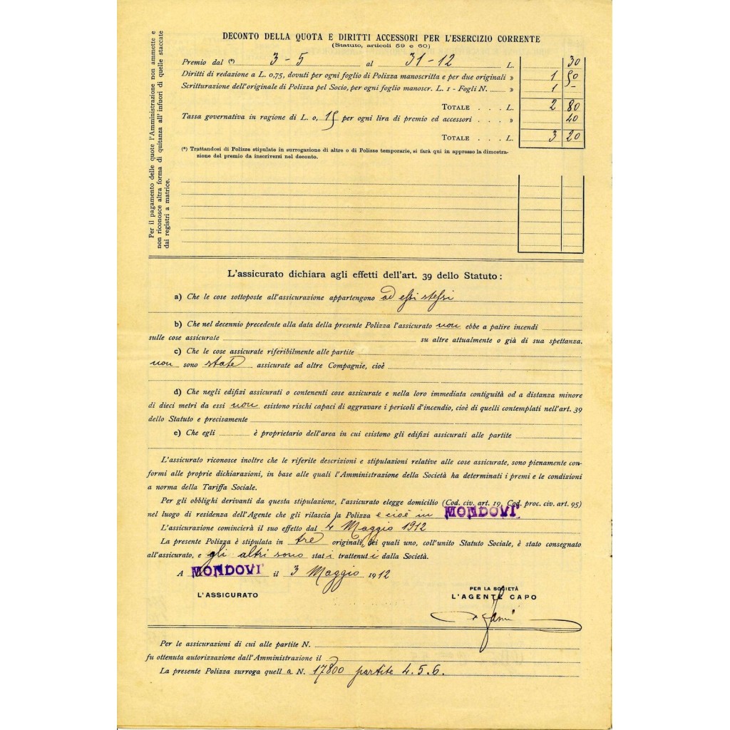 1912 - SOCIETA' REALE - INCENDIO - MONDOVI'