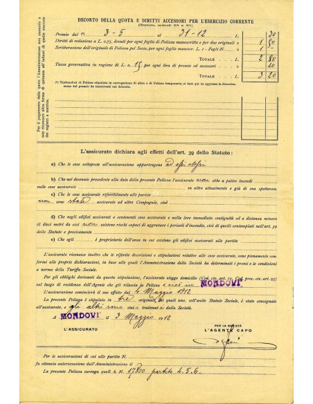 1912 - SOCIETA' REALE - INCENDIO - MONDOVI'