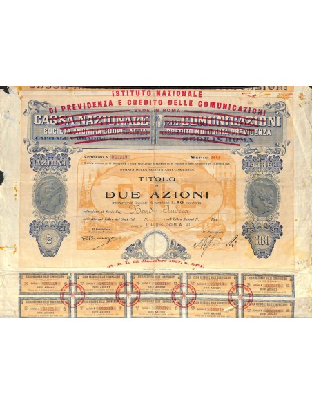 ISTITUTO NAZ. DI PREVIDENZA E CREDITO DELLE TELECOM. 2 AZIONI ROMA 1928