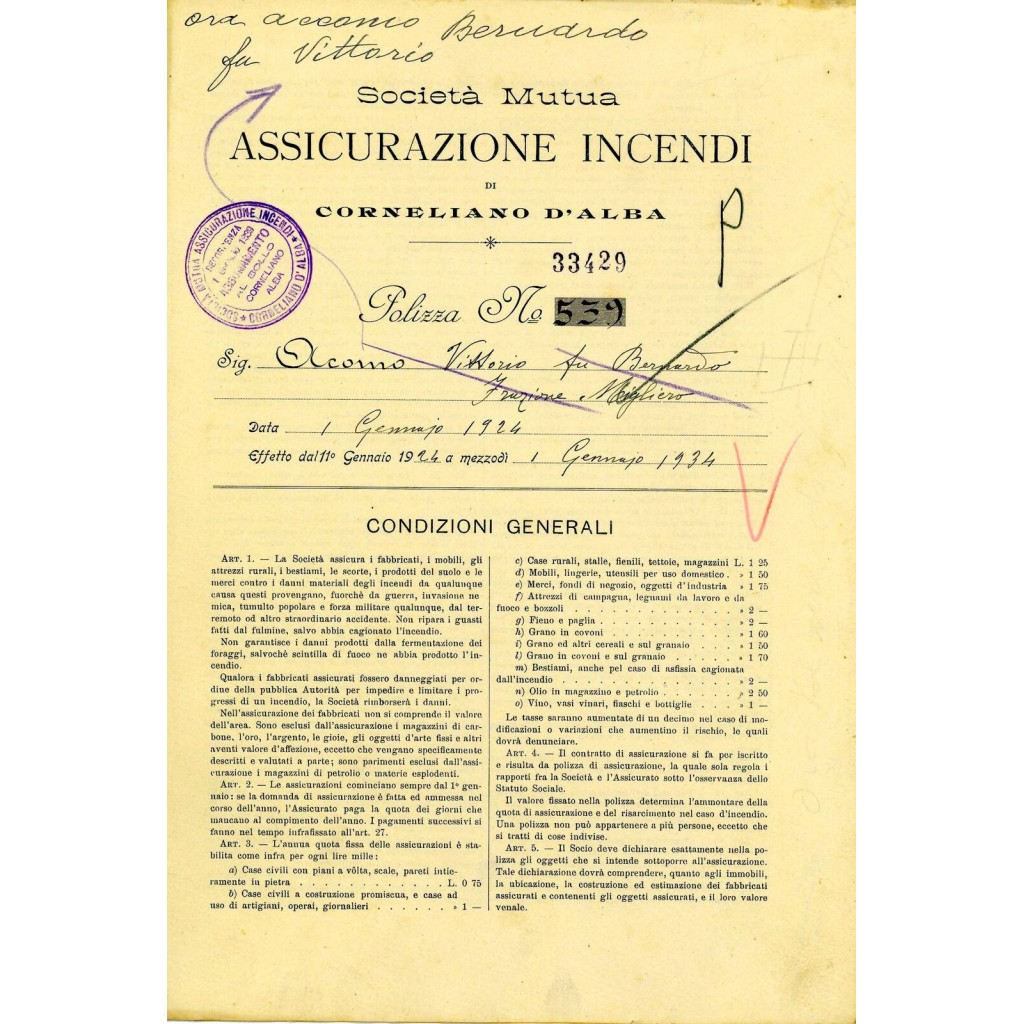 1924 - MUTUA ASSICURAZIONE INCENDI SOC. -...