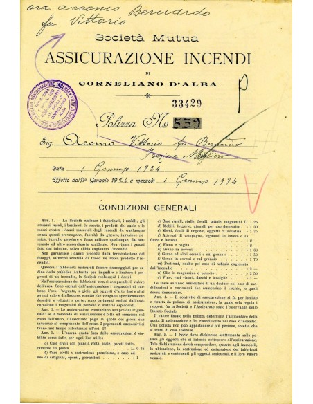 1924 - MUTUA ASSICURAZIONE INCENDI SOC. - INCENDIO - CORNELIANO D'ALBA