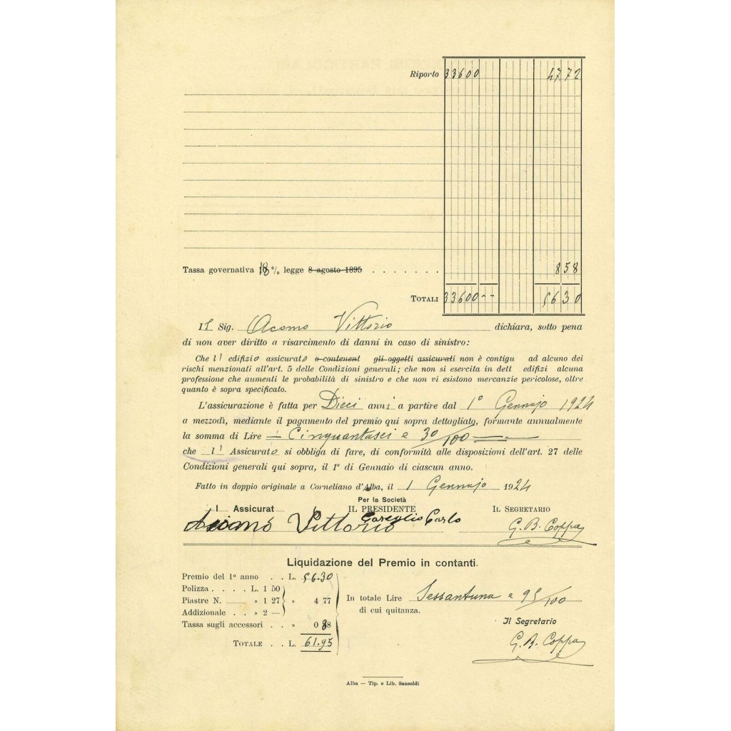 1924 - MUTUA ASSICURAZIONE INCENDI SOC. -...