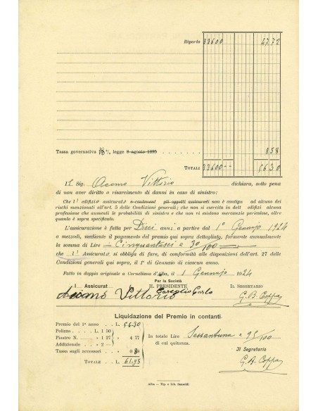 1924 - MUTUA ASSICURAZIONE INCENDI SOC. - INCENDIO - CORNELIANO D'ALBA