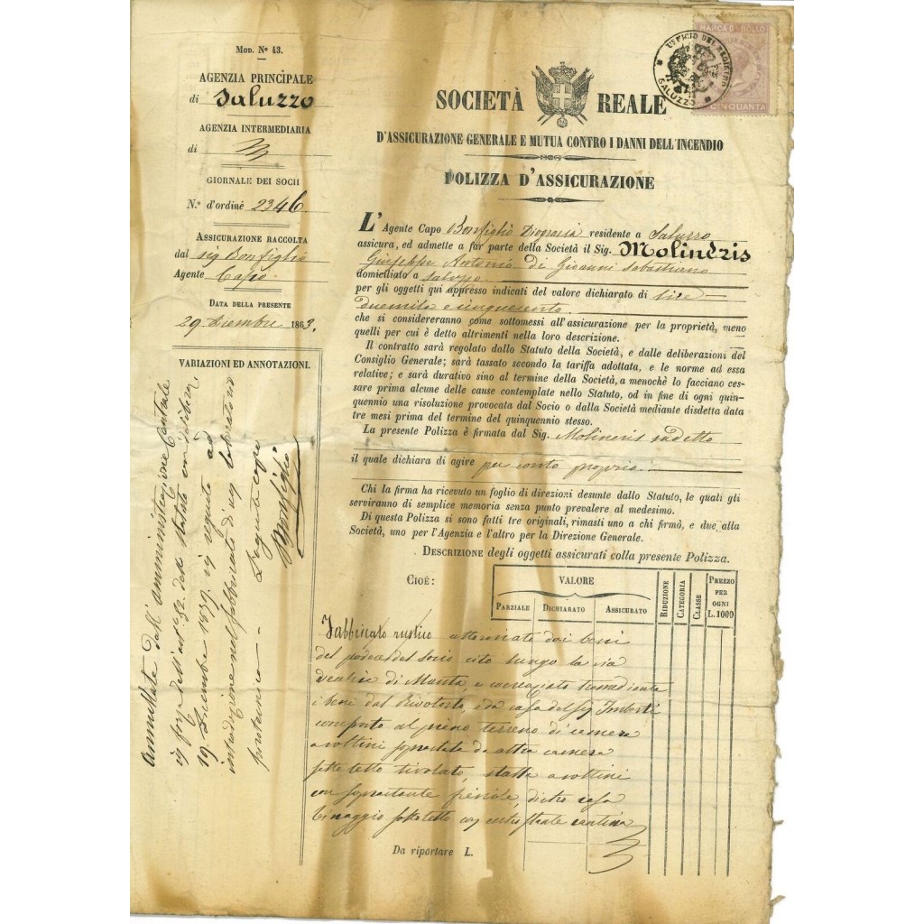 1863 - SOCIETA' REALE - INCENDIO - SALUZZO