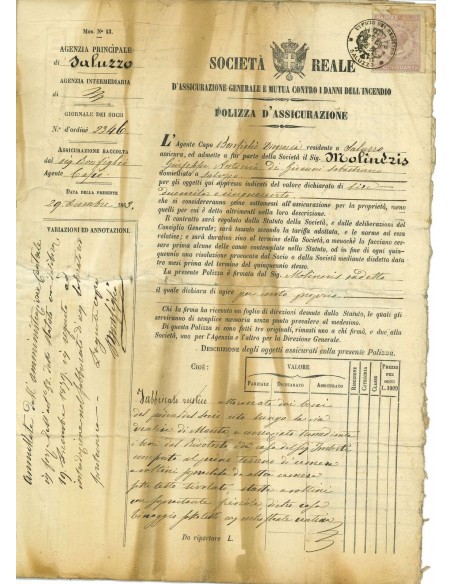 1863 - SOCIETA' REALE - INCENDIO - SALUZZO