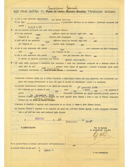 1932 - REALE MUTUA DI ASSICURAZIONI SOC. - INCENDIO - SALUZZO