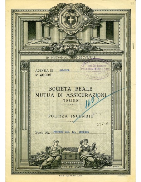 1937 - REALE MUTUA DI ASSICURAZIONI SOC. - INCENDIO - SALUZZO